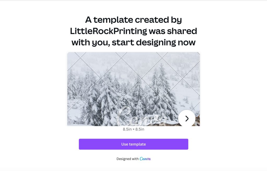 Screenshot of Canva calendar template by Little Rock Printing opening